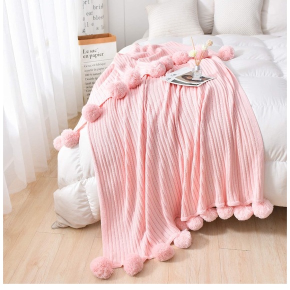 Trendy Baby Pink Pompom Fringe Chic Cozy Living/Bedroom Soft Throw Blanket/Cover - Picture 2 of 11